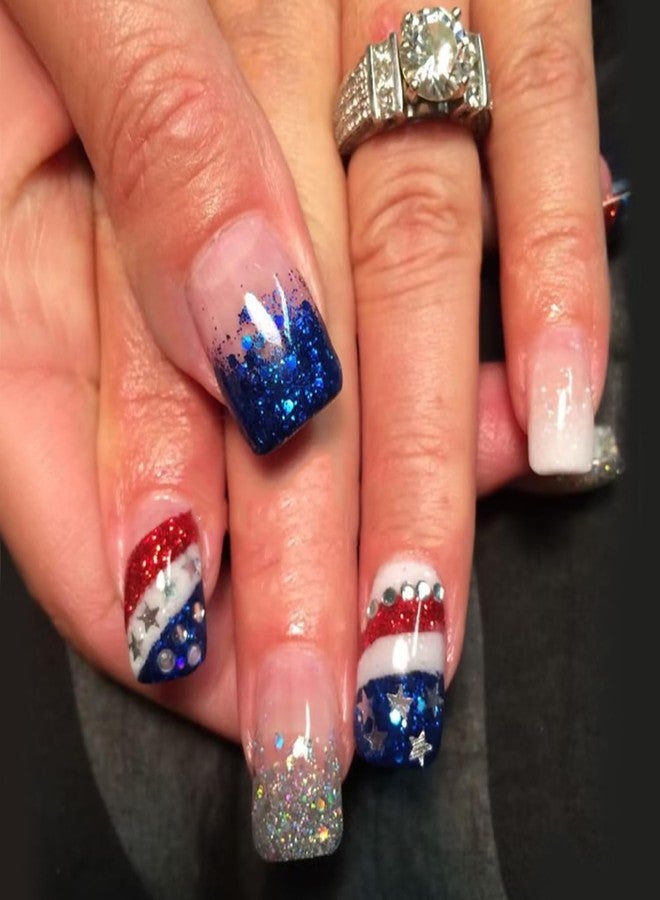 OSTTMA 4th of July Press on Nails Short Square Fake Nails Blue Glitter Patriotic Nail Tips USA Flag White Gradient Glue on Nails Reusable Acrylic False Nails for Women Independence Day Manicure Art - Image 1